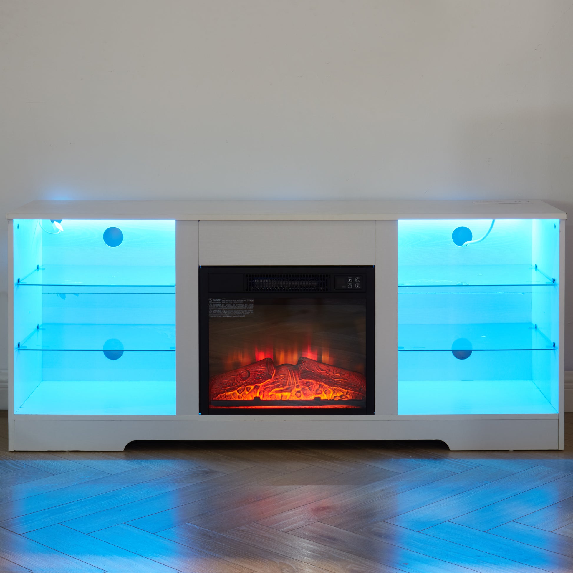 Modern white media console with electric fireplace and blue LED ambient lighting