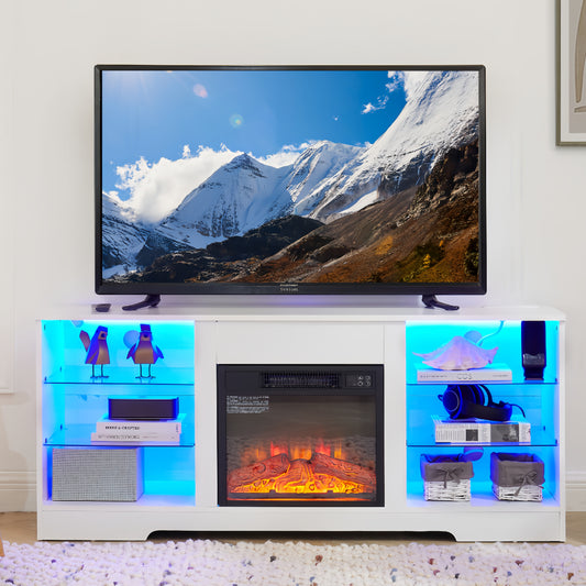 Modern white TV stand with electric fireplace and blue LED lighting