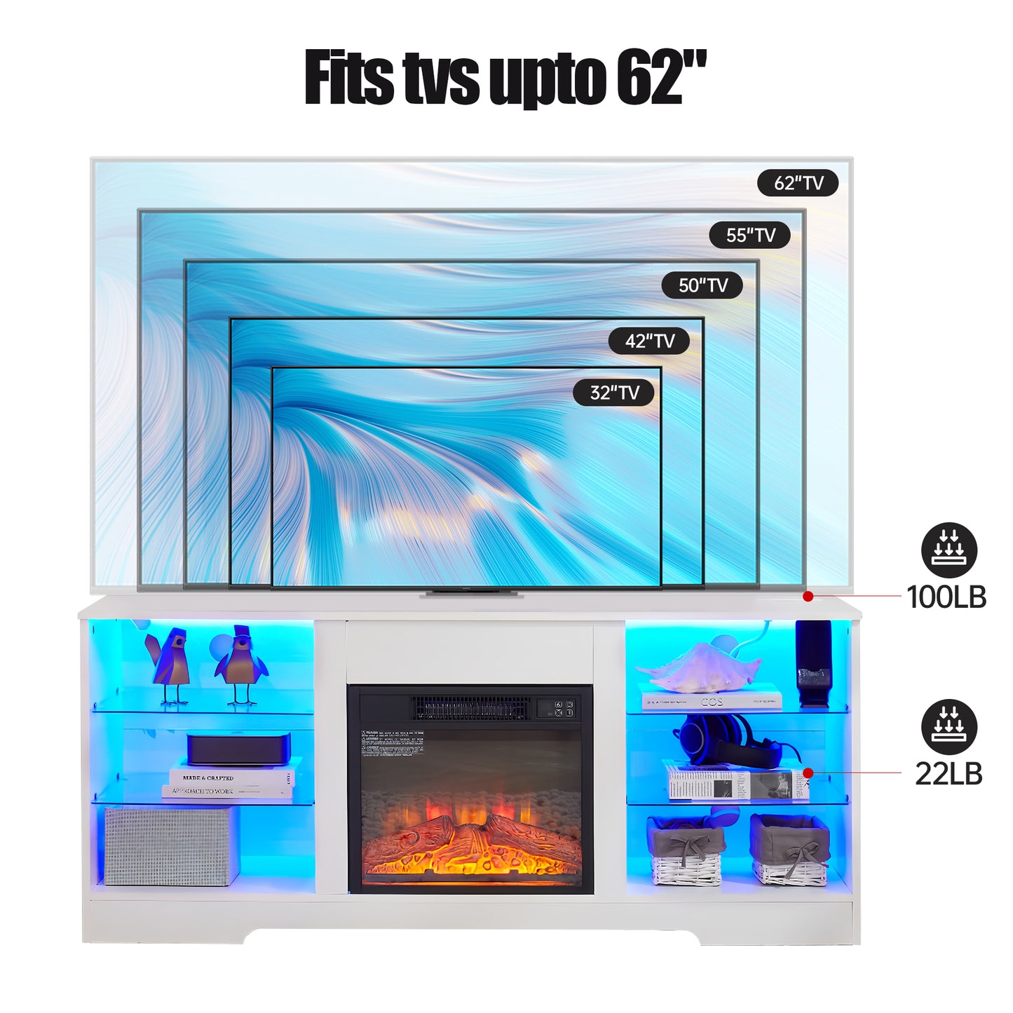 Modern white TV stand with electric fireplace fits TVs up to  inches