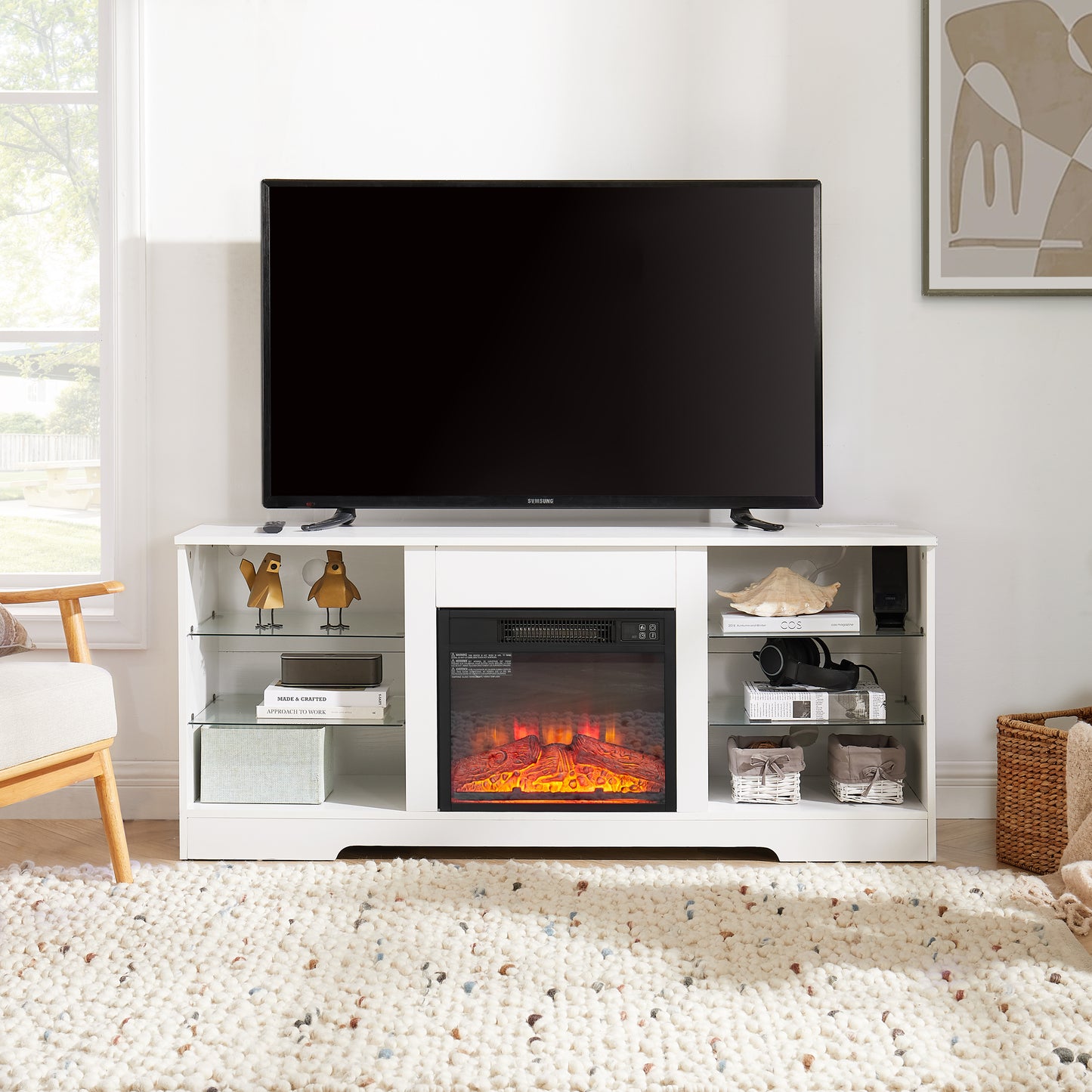 White media console with builtin electric fireplace and television