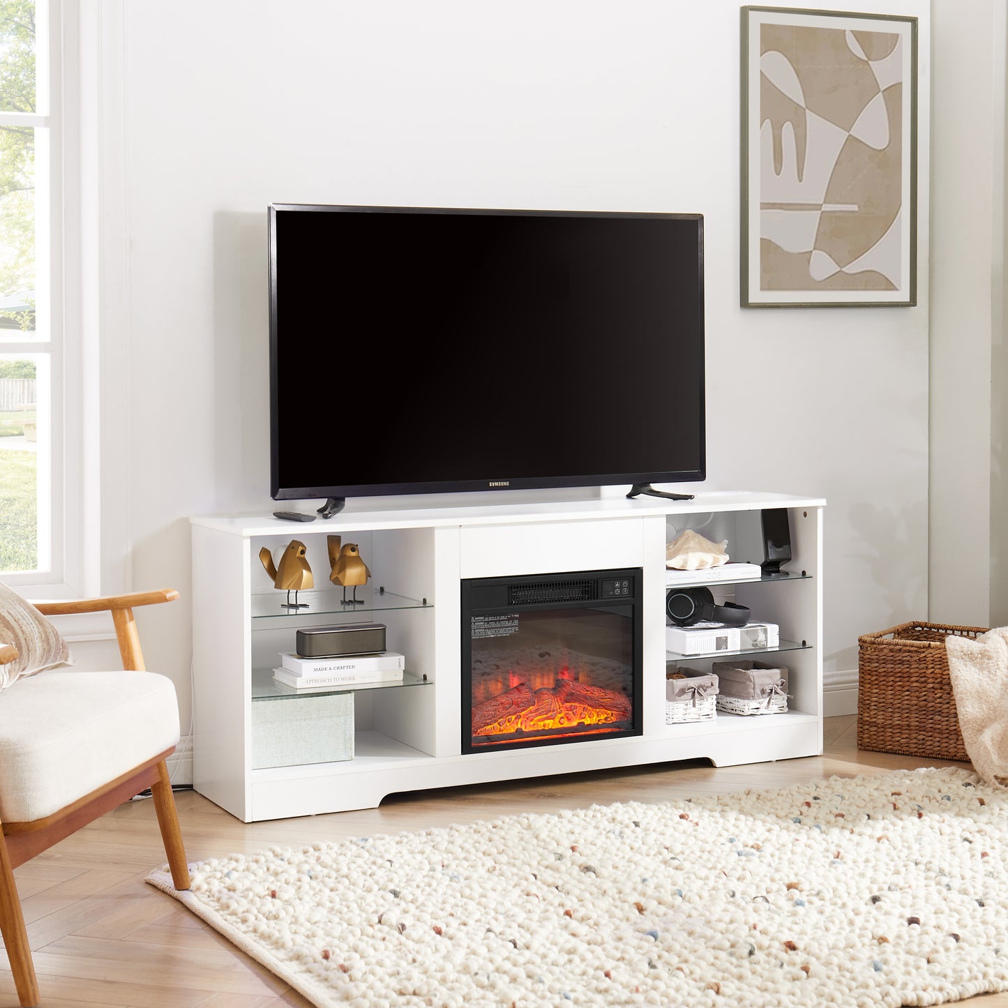 White entertainment center with electric fireplace and glass shelves holding a TV