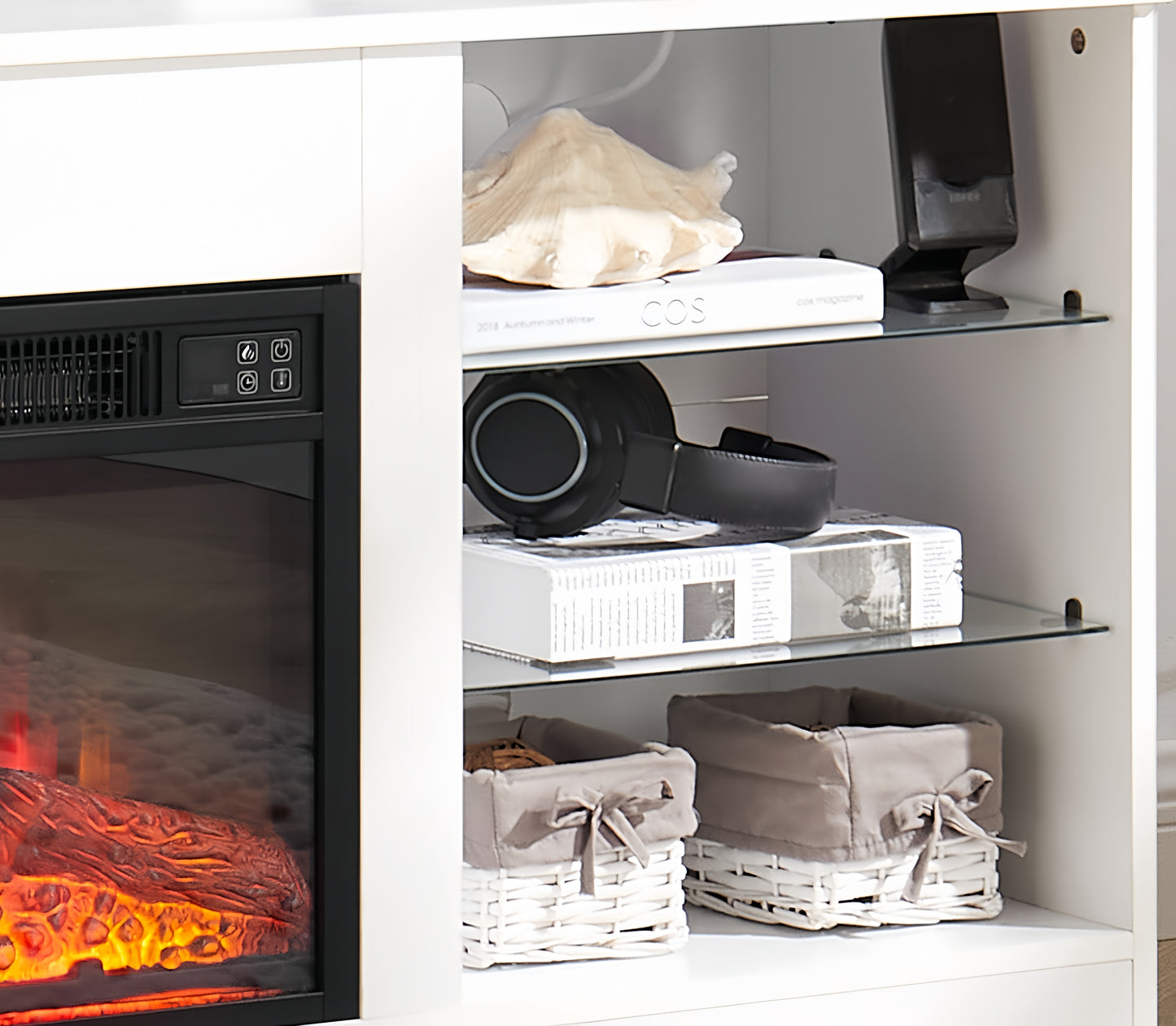 Realistic electric fireplace log set with glowing embers for cozy ambiance