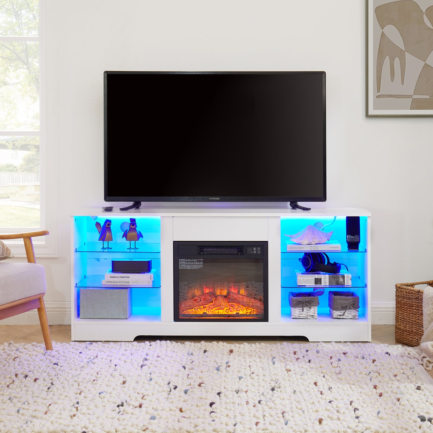 White modern media console with electric fireplace and blue LED lighting