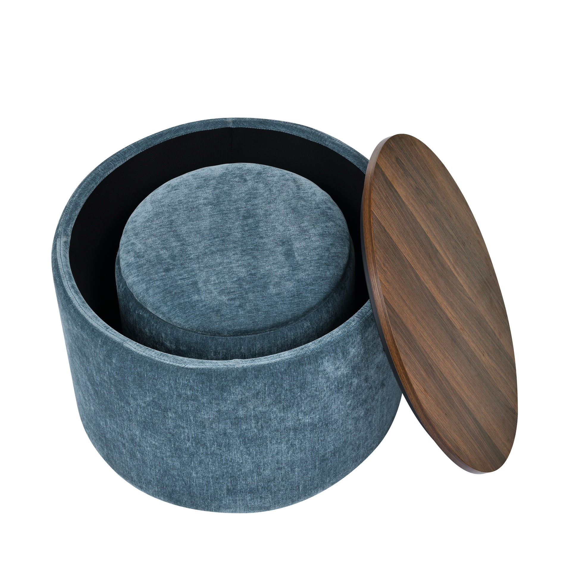 Teal velvet storage ottoman with a removable walnut wood lid