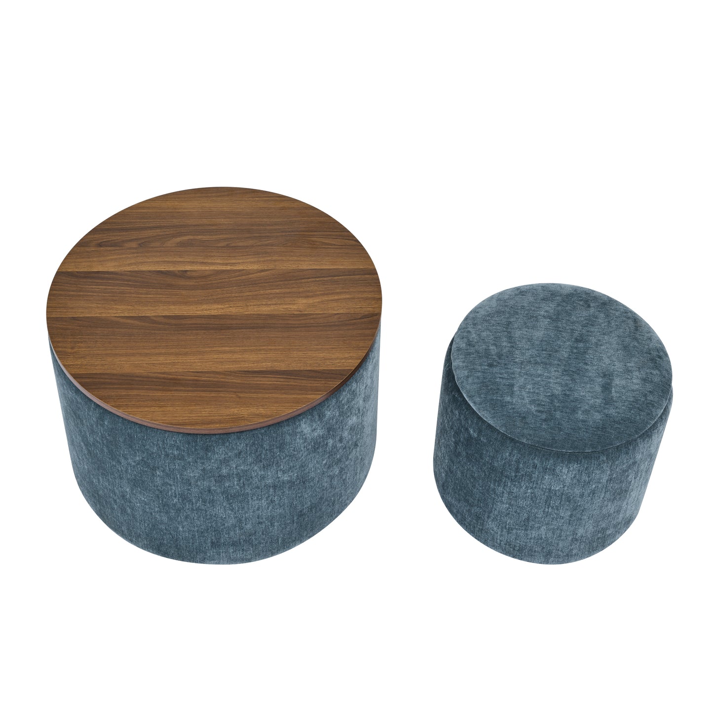 Round teal velvet ottoman with a wooden top surface ideal for living room seating