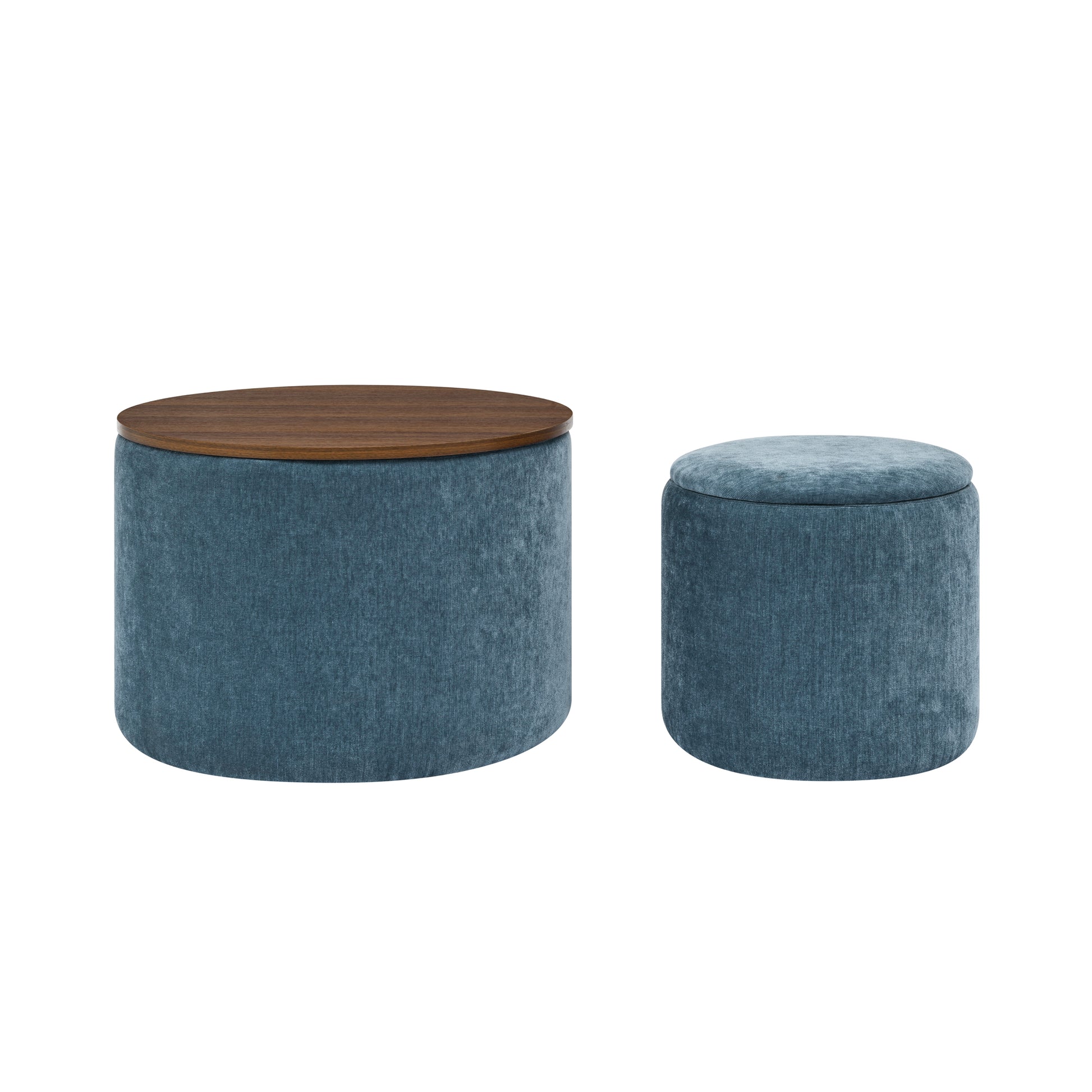 Round blue velvet storage ottoman with a wooden lid perfect for living room accents