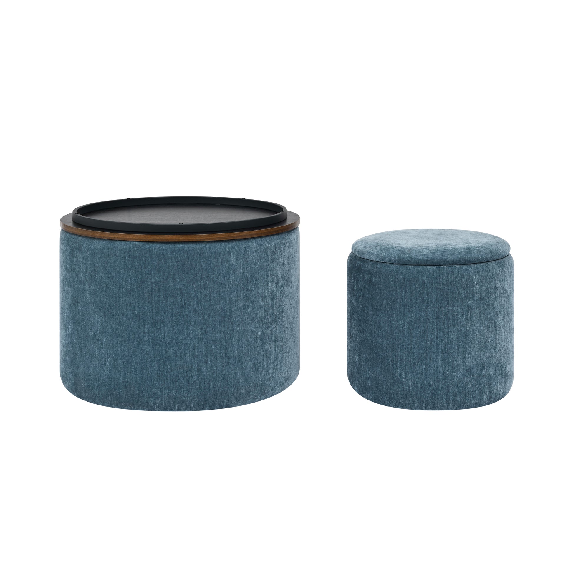 Round blue velvet ottoman with storage featuring a dark wood tray top for living room use