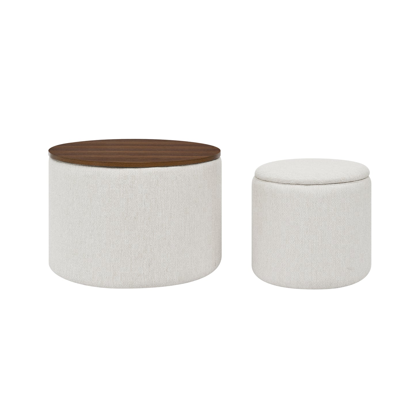 Round linen storage ottoman with wood lid in natural beige and dark walnut finish
