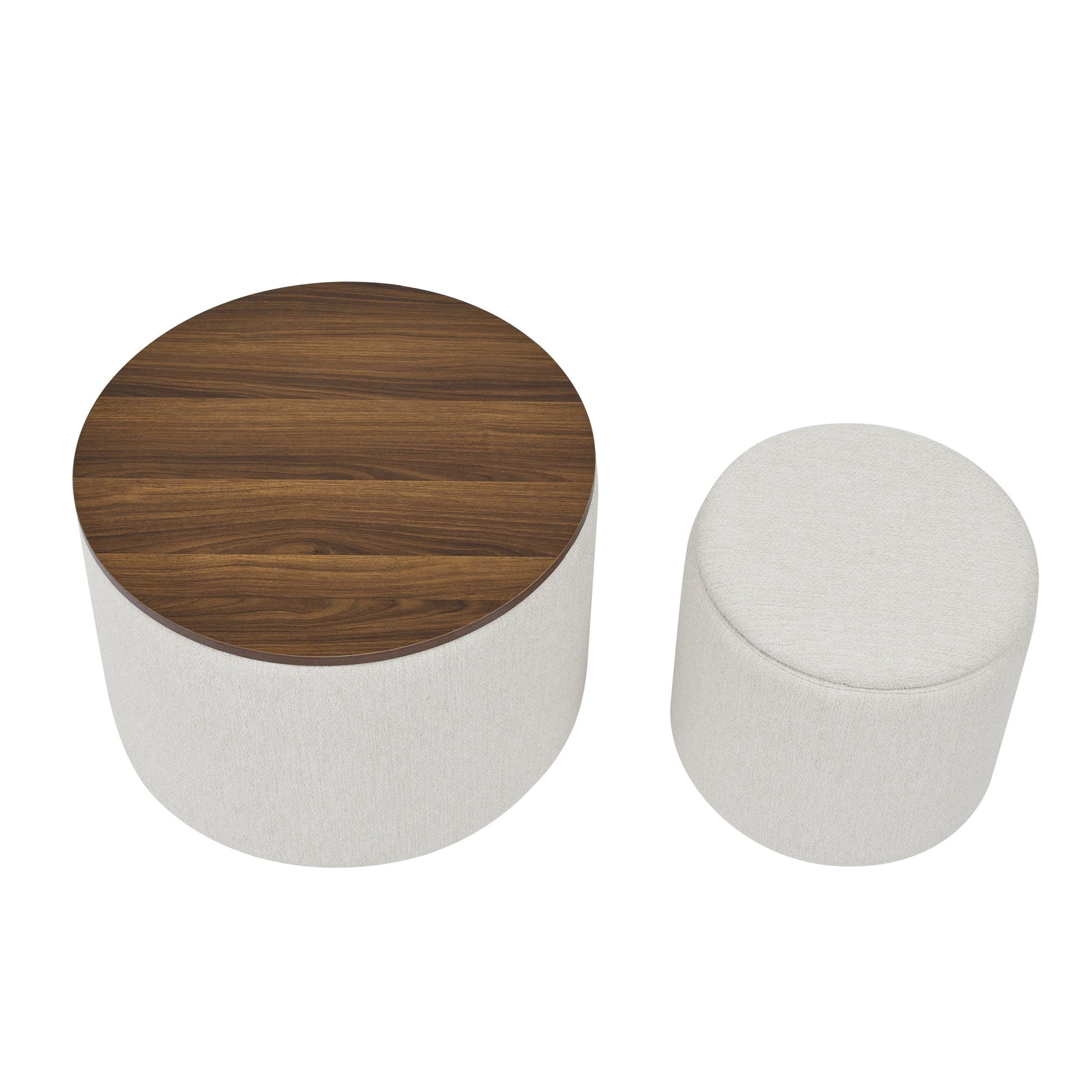 Round coffee table with walnut wood top and beige upholstered base