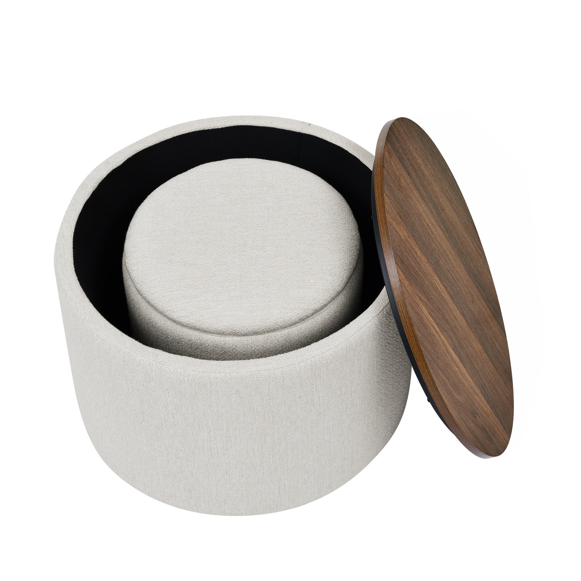 Textured cream fabric ottoman with a dark wood lid perfect for storage and seating