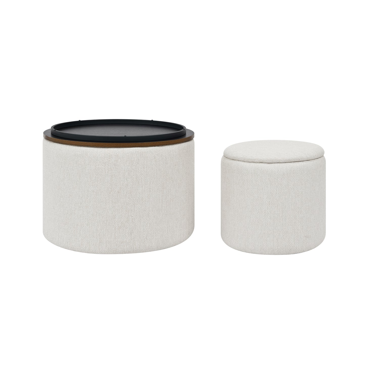 Round textured beige storage ottoman with a removable black tray top