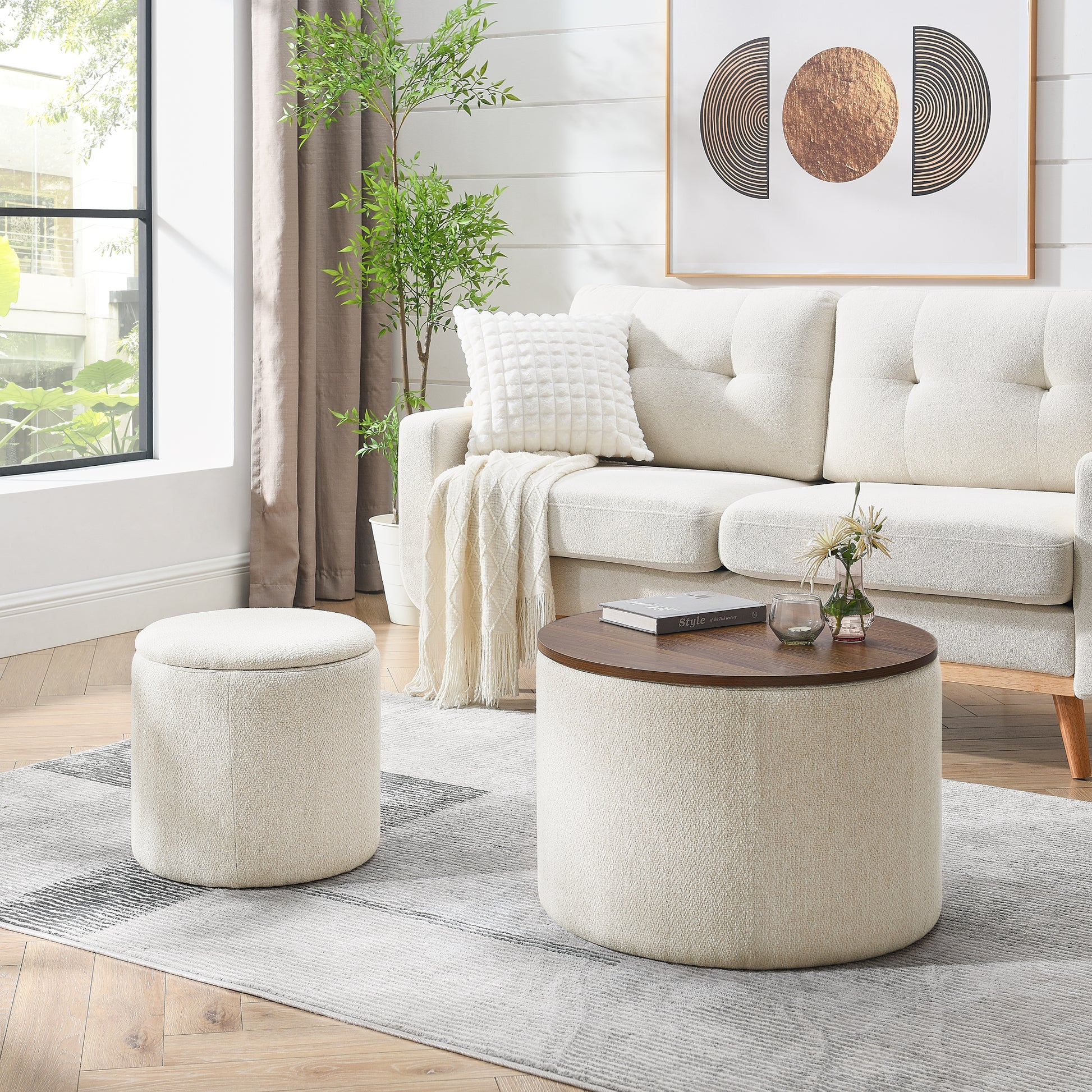 Round boucl ottoman in cream ideal for living room seating or footrest
