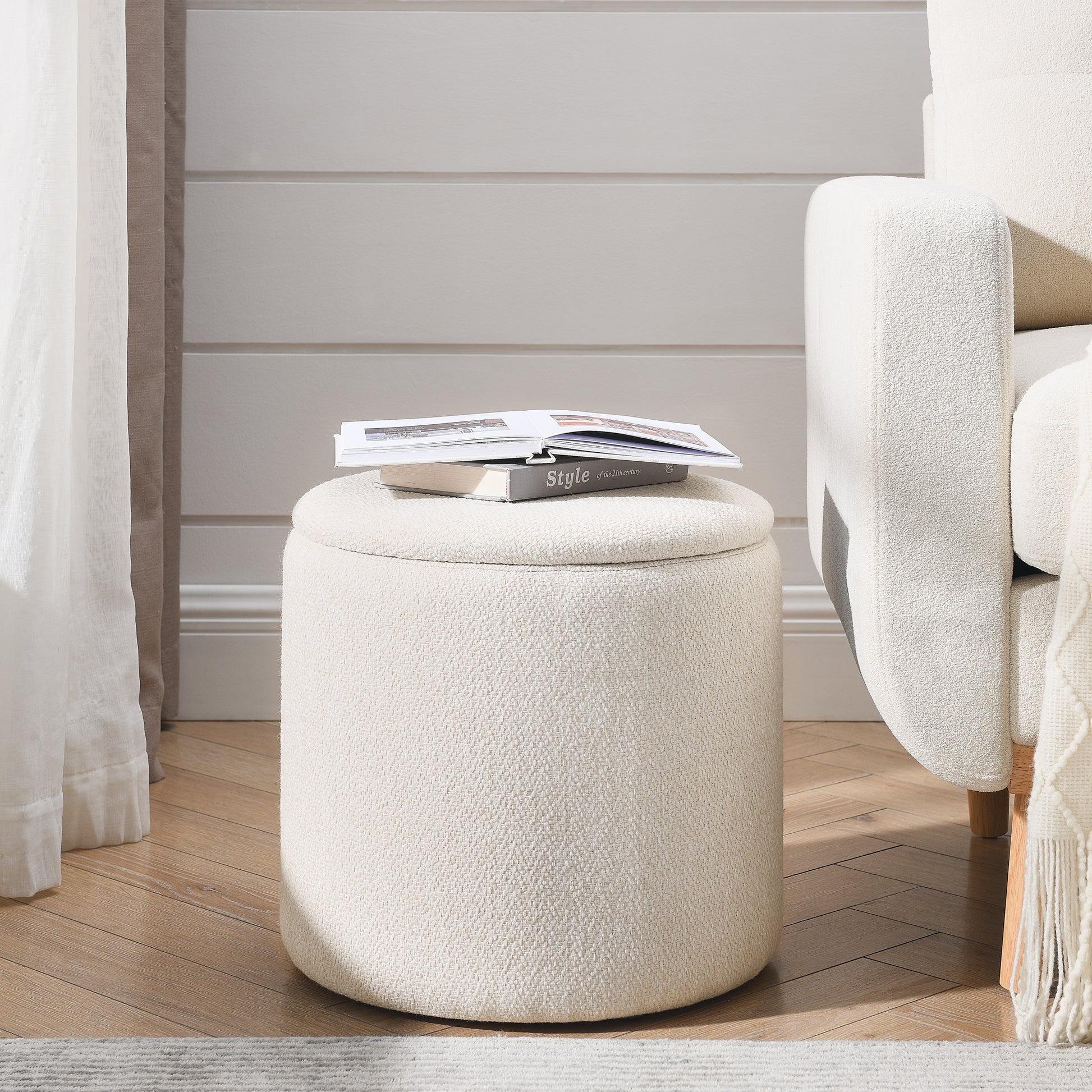 Cream boucl fabric storage ottoman with liftoff lid perfect for living rooms