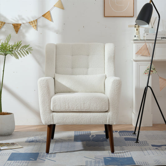 Cozy white boucle armchair with tufted back and wood legs