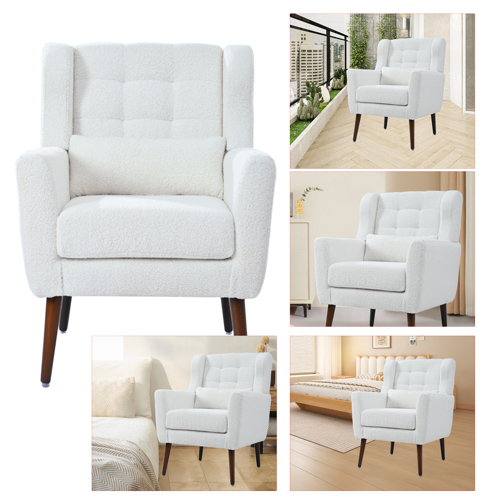 Cozy white boucle armchair with tufted back and dark wood legs