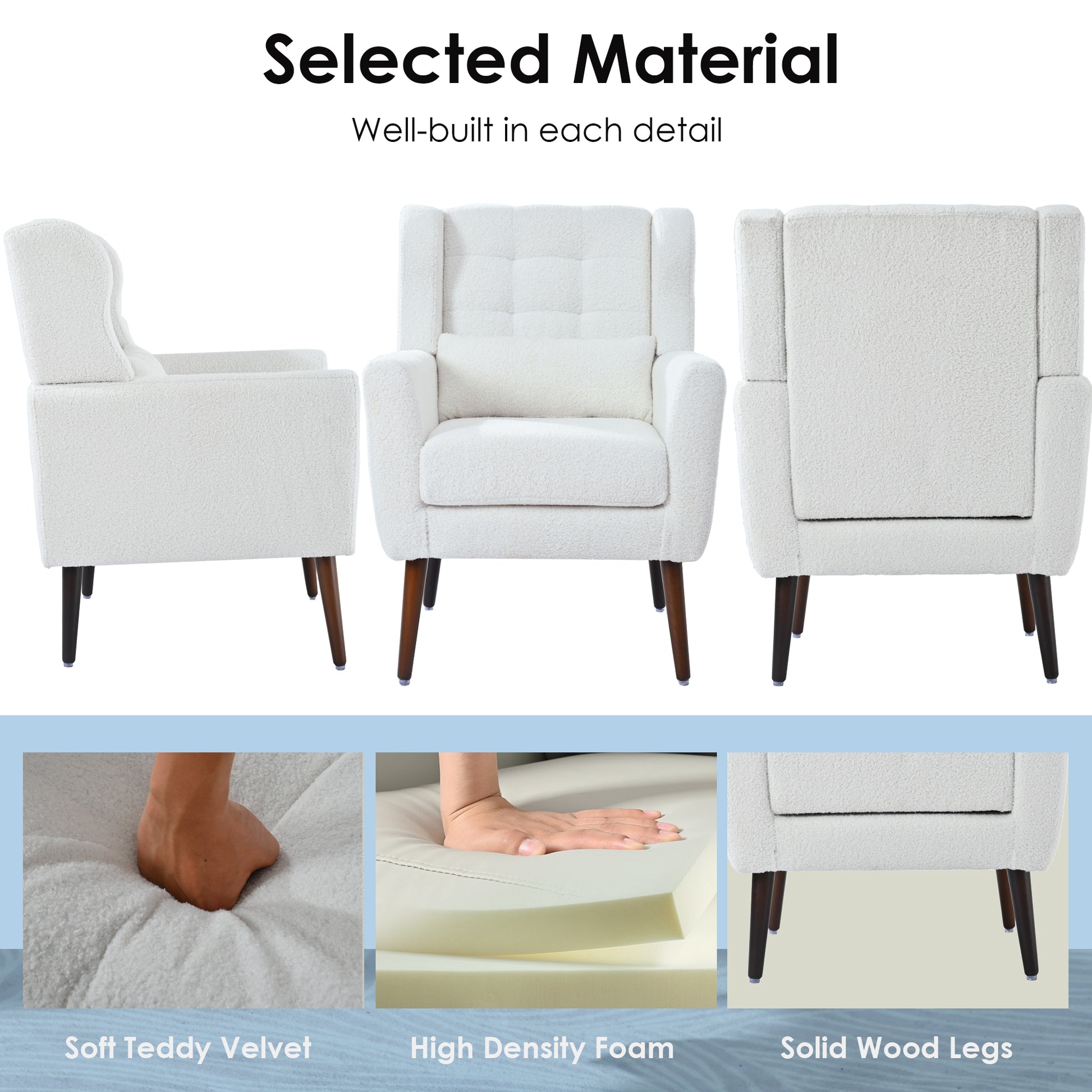 White teddy velvet accent chair with tufted back and dark wood legs