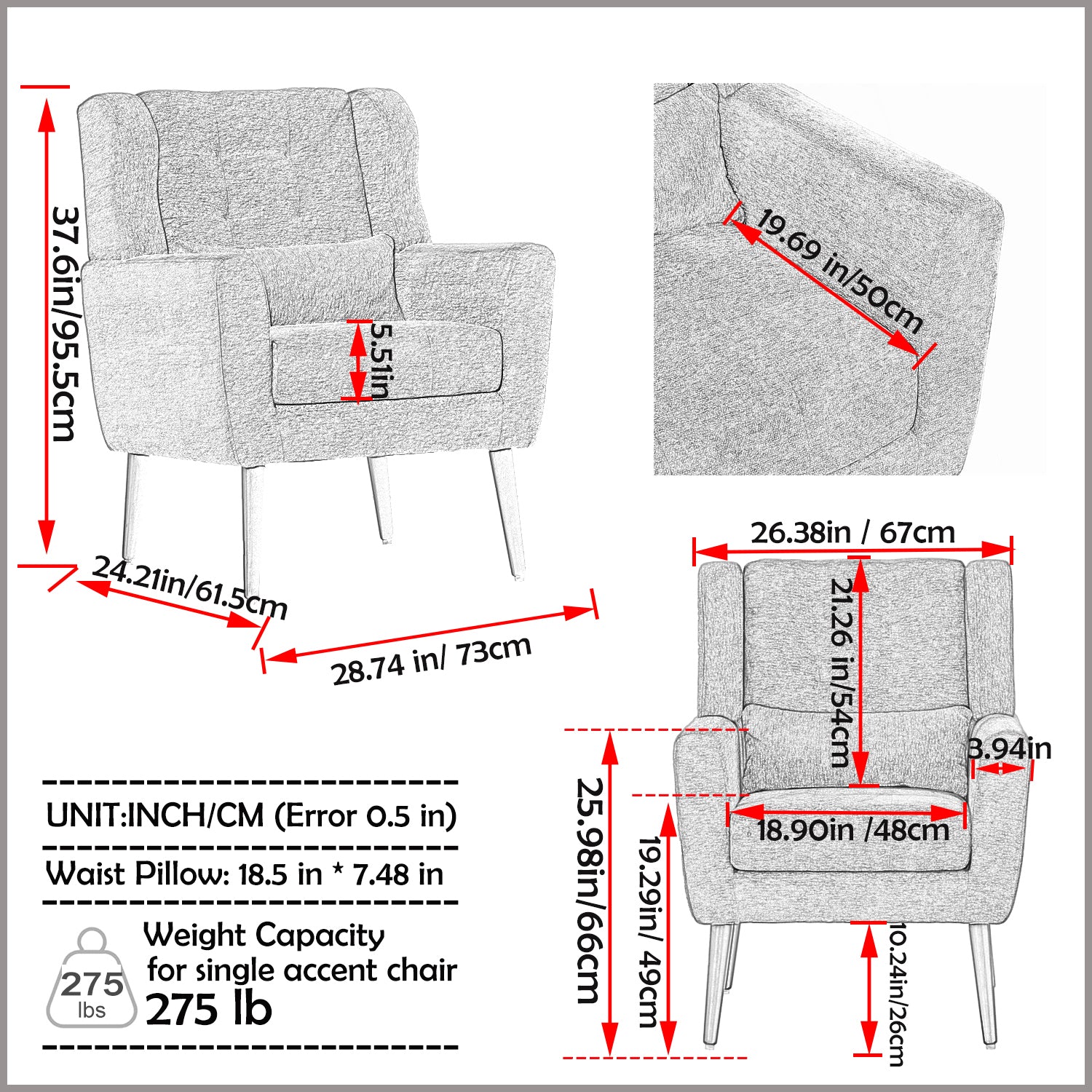 Textured grey accent chair with wooden legs measuring  H x  W
