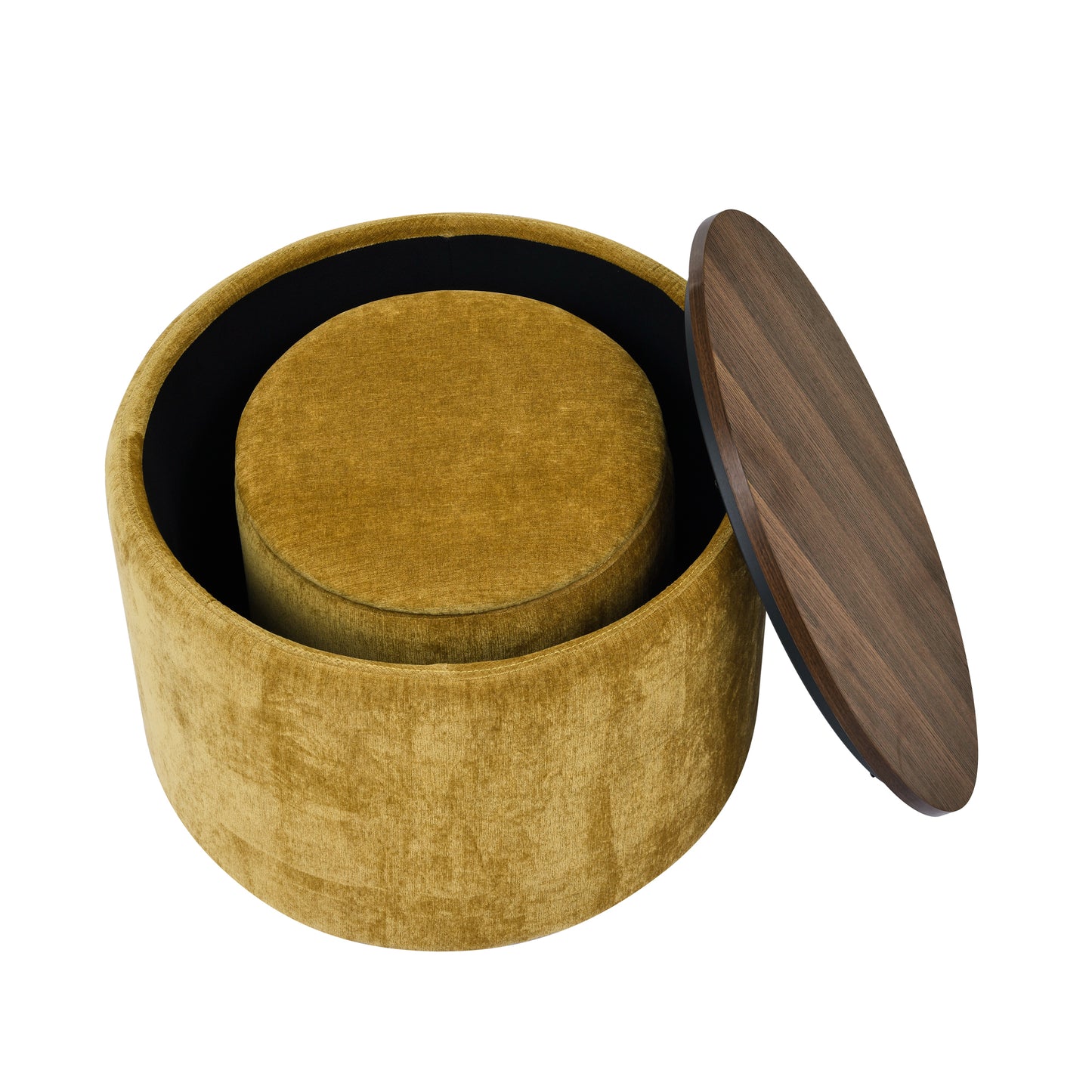 Round mustard velvet storage ottoman with a dark wood lid perfect for living rooms