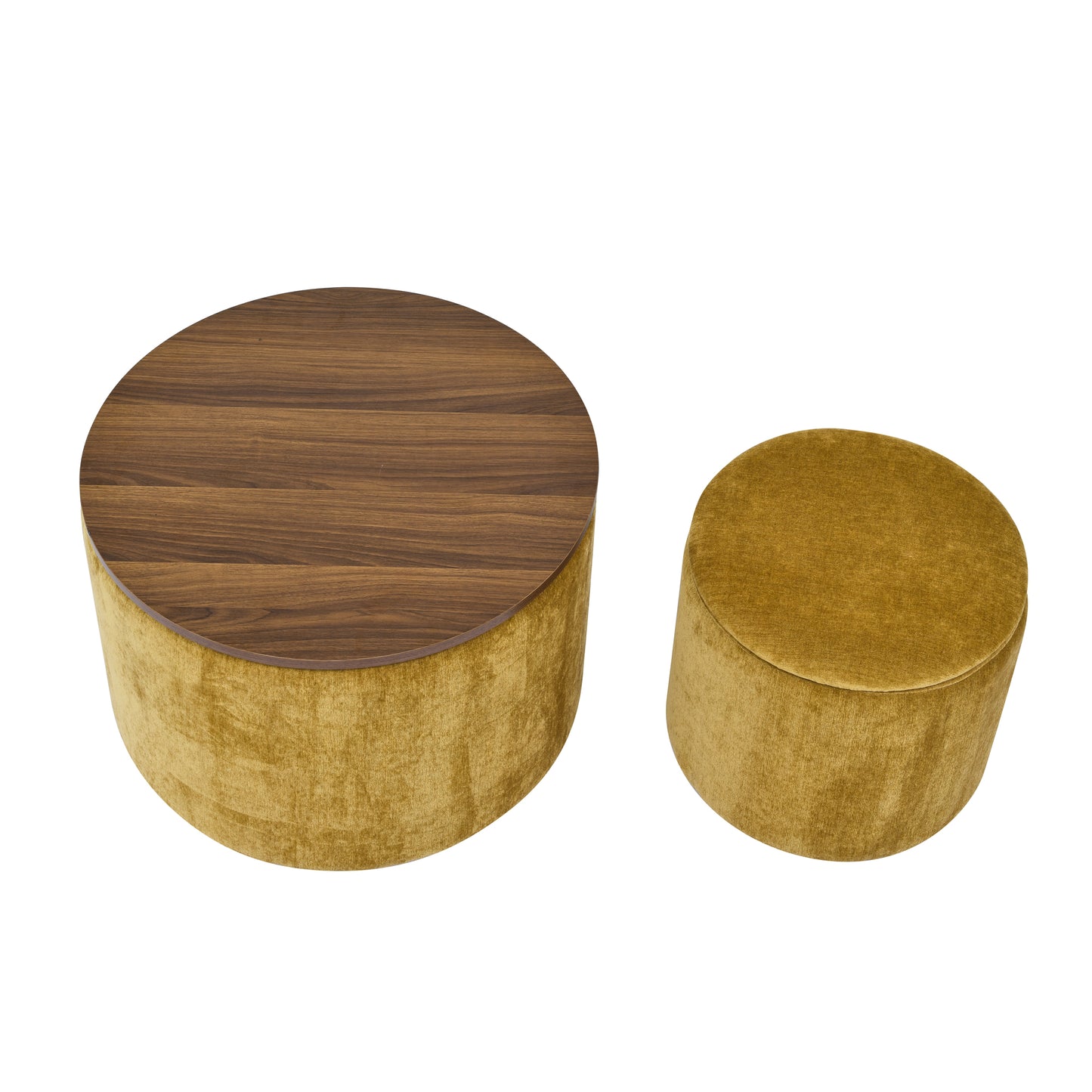 Round walnut wood coffee table with mustard velvet base