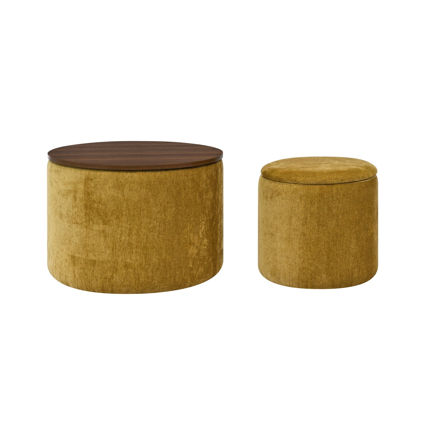 Round mustard velvet ottoman with dark wood lid versatile home decor accent