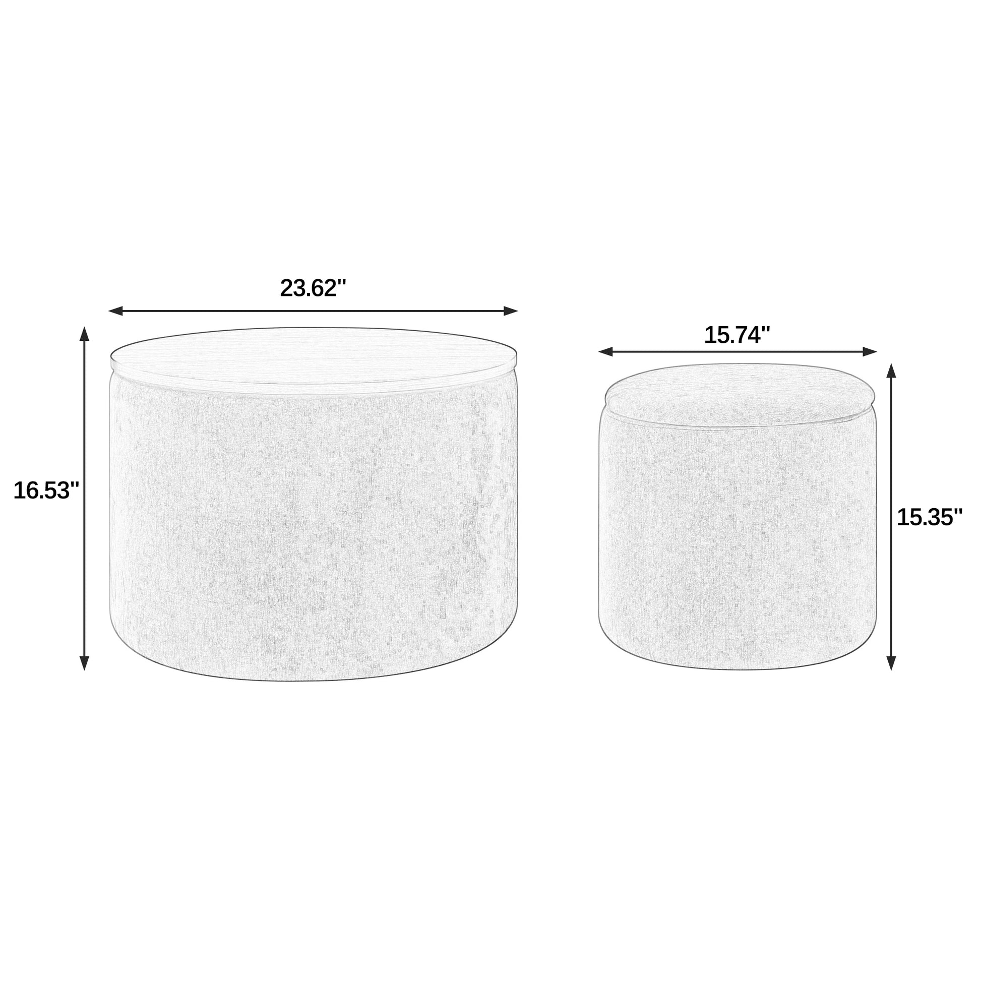 Pair of cylindrical woven ottomans one larger  W x  H and one smaller  W x  H