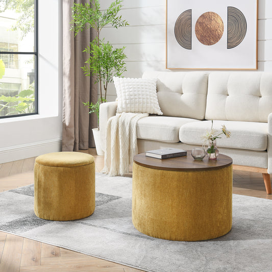 Mustard velvet round ottoman with wooden top modern accent furniture