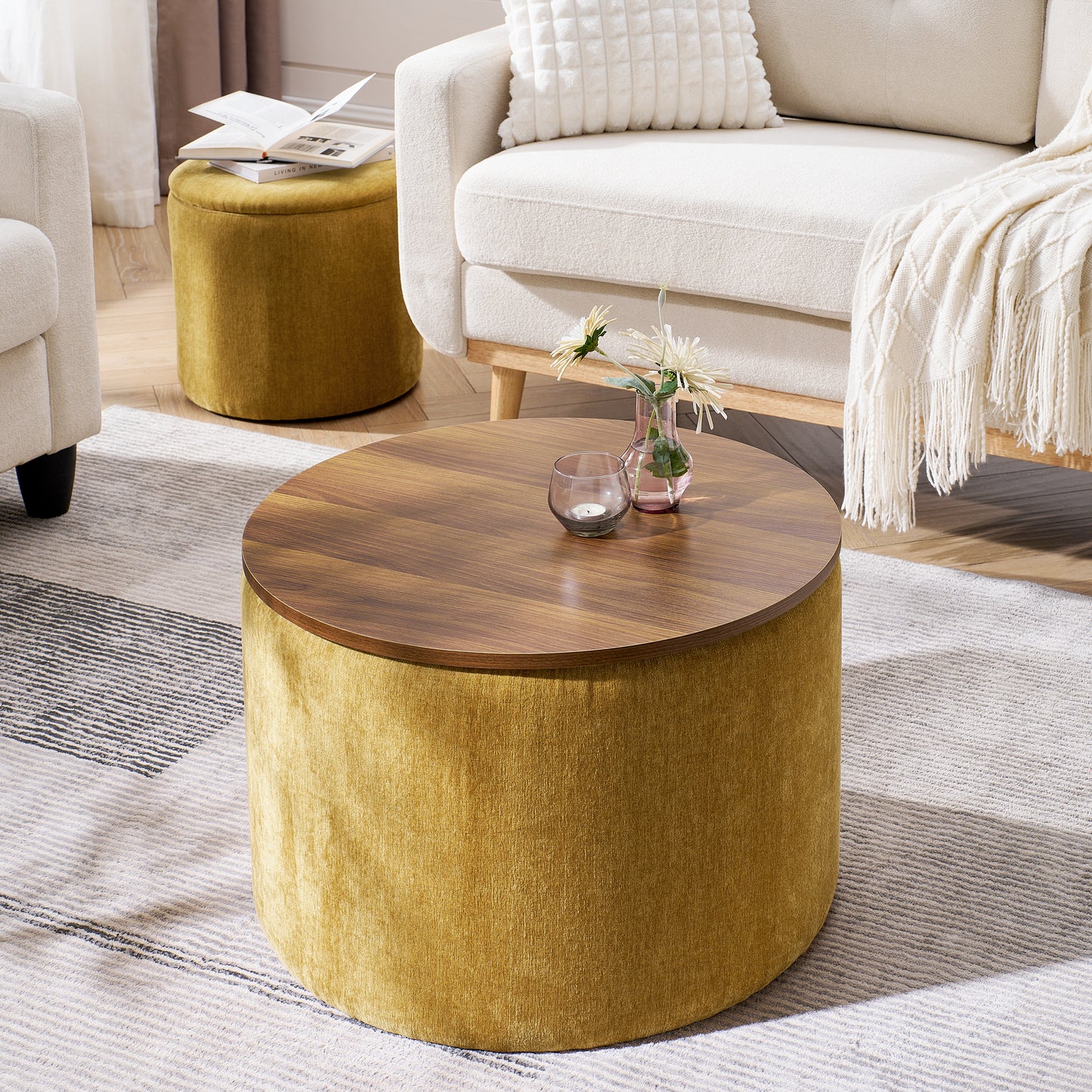 Round storage ottoman with golden fabric and wood top perfect for living rooms
