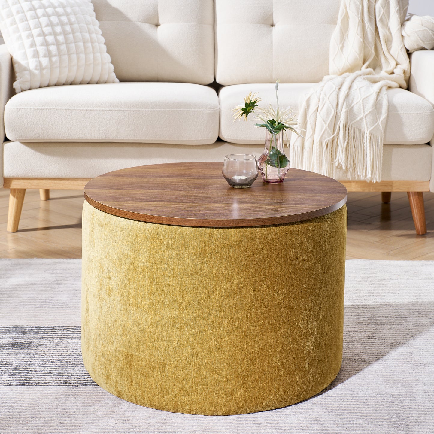 Round storage ottoman with walnut wood lid in mustard yellow velvet fabric perfect for living rooms