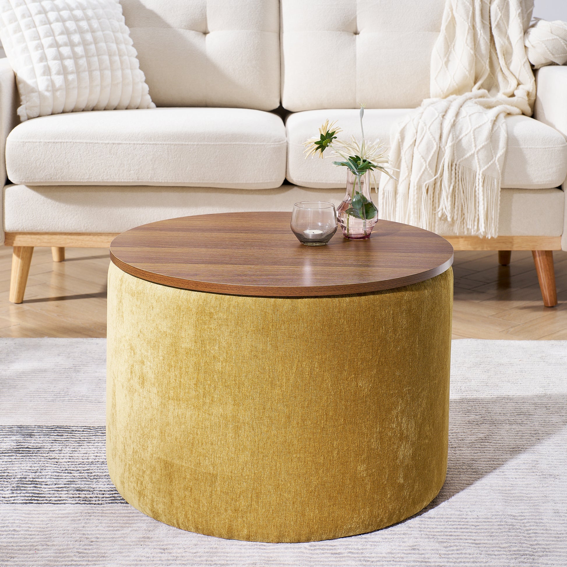Round storage ottoman with walnut wood lid in mustard yellow velvet fabric perfect for living rooms