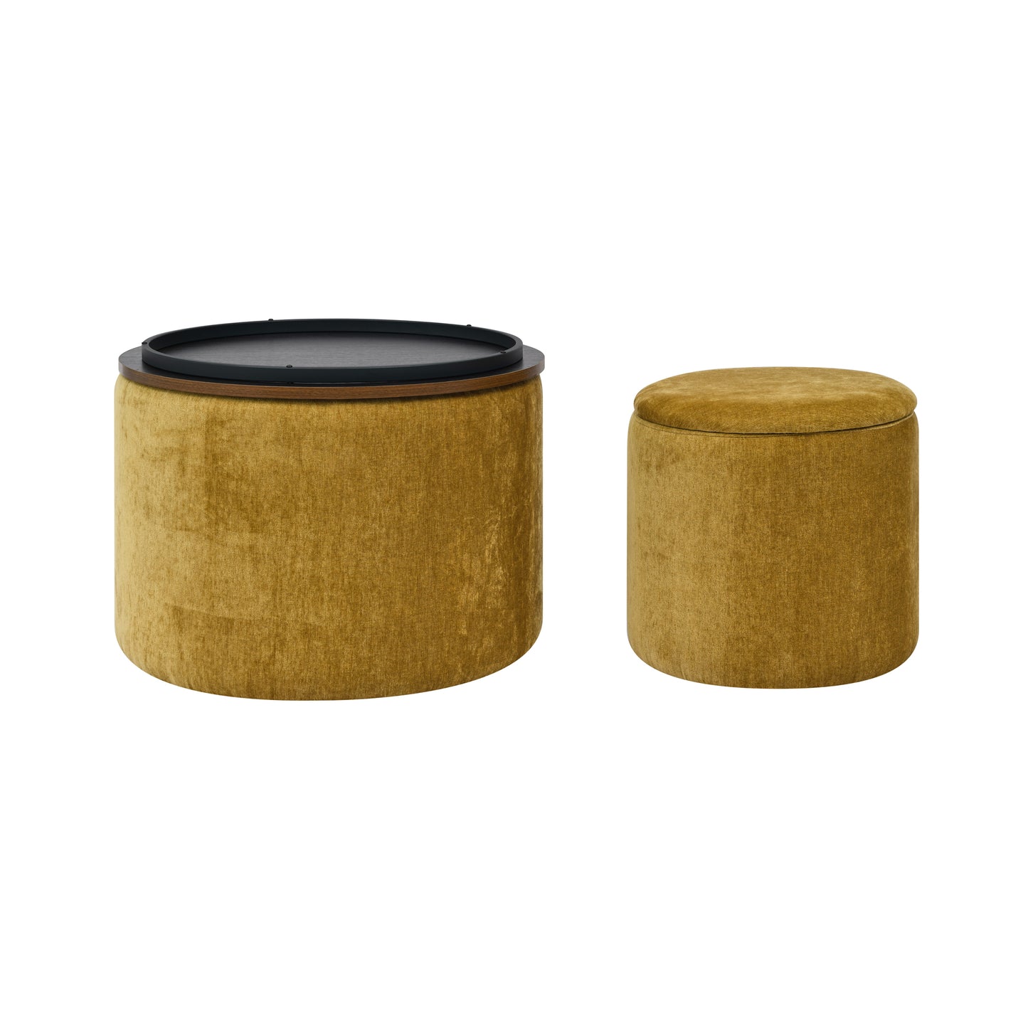 Round velvet ottoman with a dark wood tray top in mustard yellow