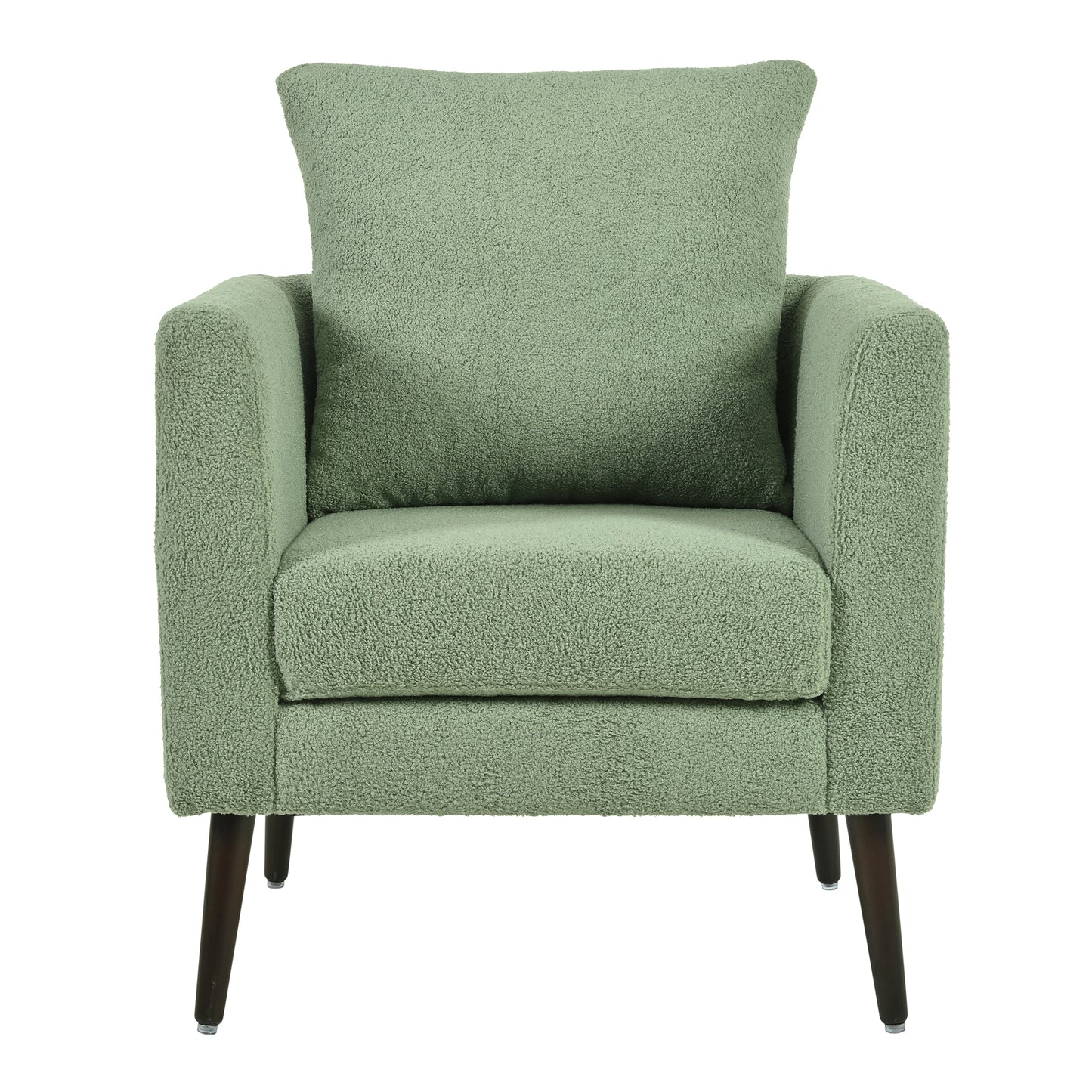 Plush boucle armchair in a calming sage green with supportive arms and dark wood legs
