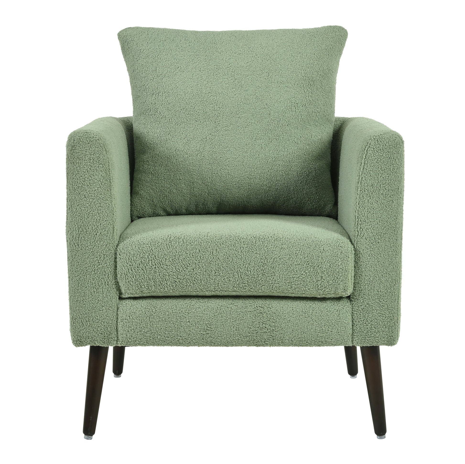 Plush boucle armchair in a calming sage green with supportive arms and dark wood legs