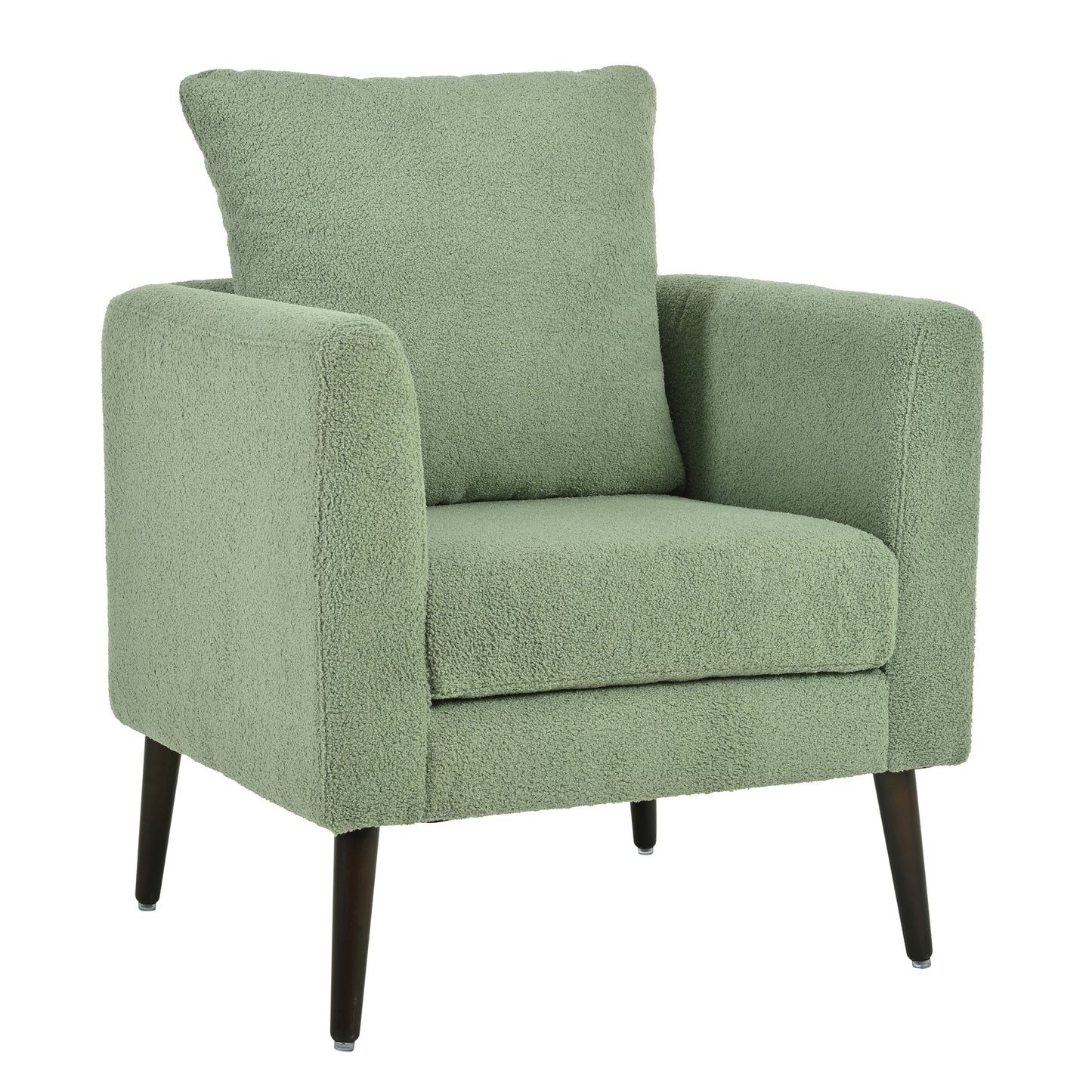 Sage green boucle armchair with plush cushion and dark wooden legs