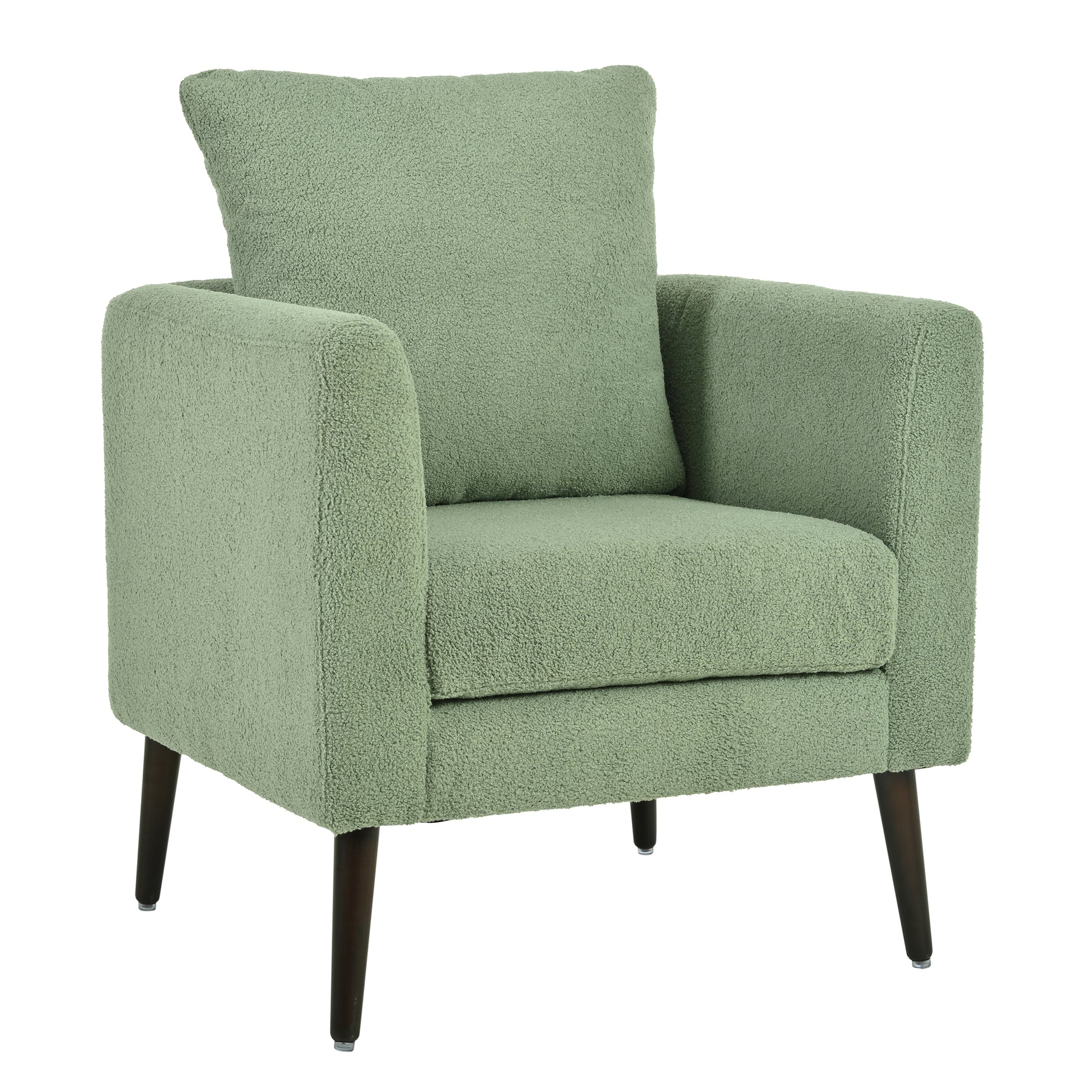Sage green boucle armchair with plush cushion and dark wooden legs