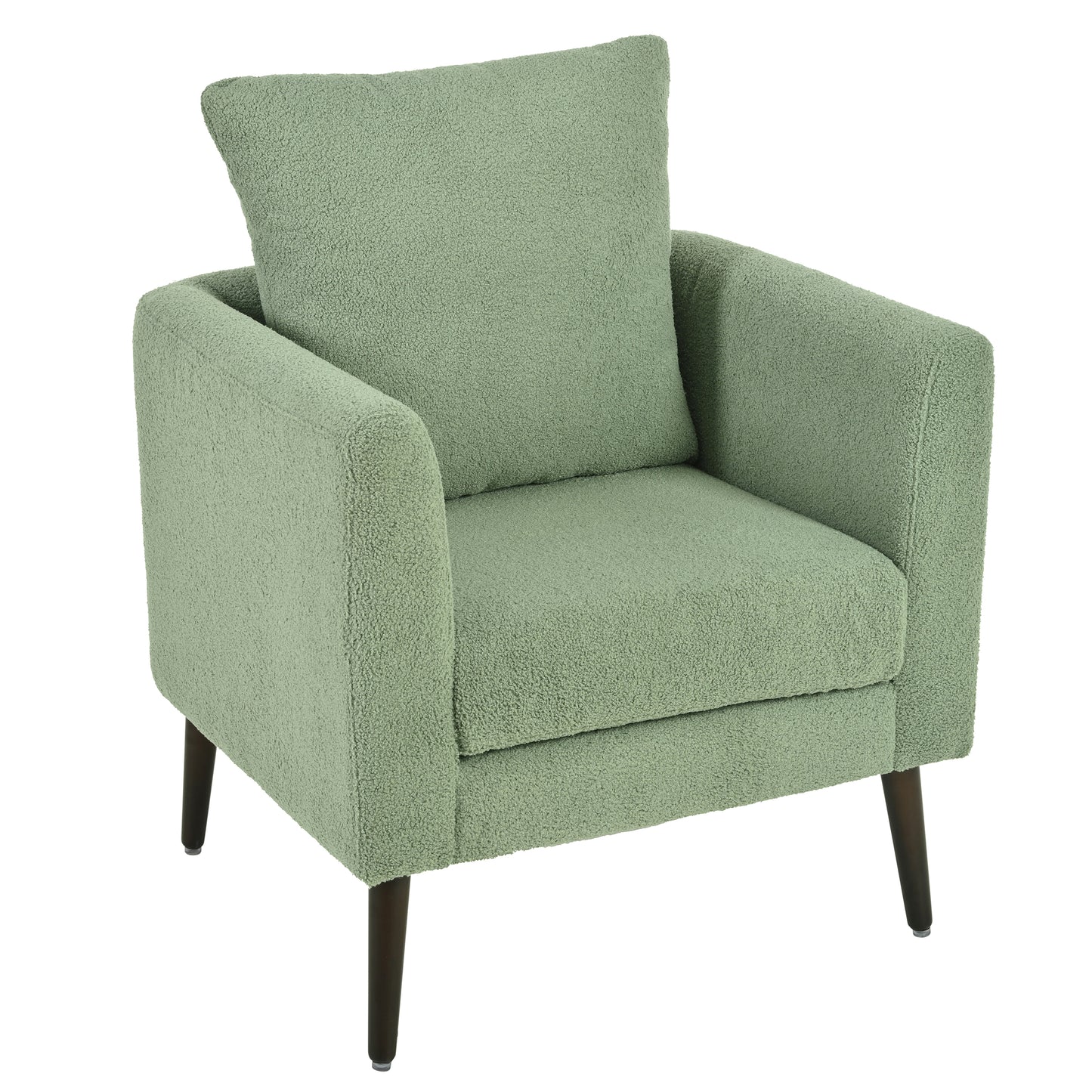 Soft green boucle armchair with dark wood legs and comfortable plush cushions
