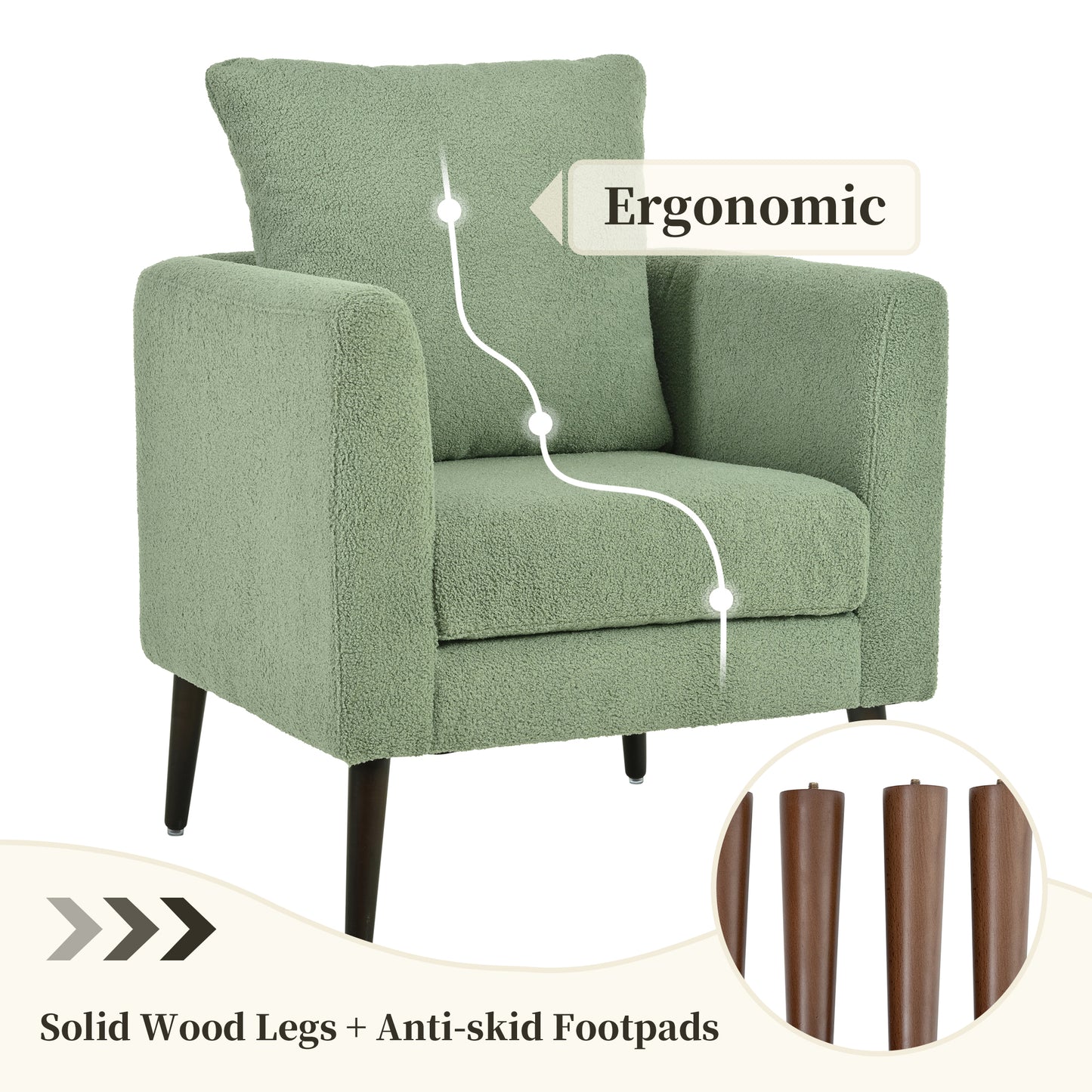 Pale green teddy fabric accent chair with dark wood legs ergonomic design