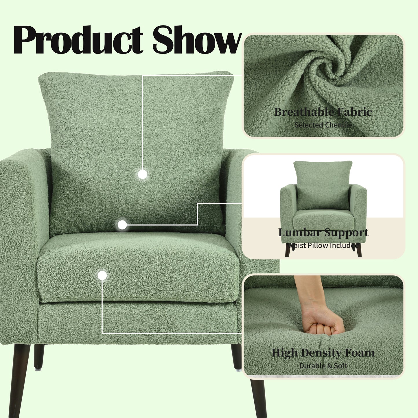 Cozy sage green sherpa accent chair with plush cushioning and dark wood legs