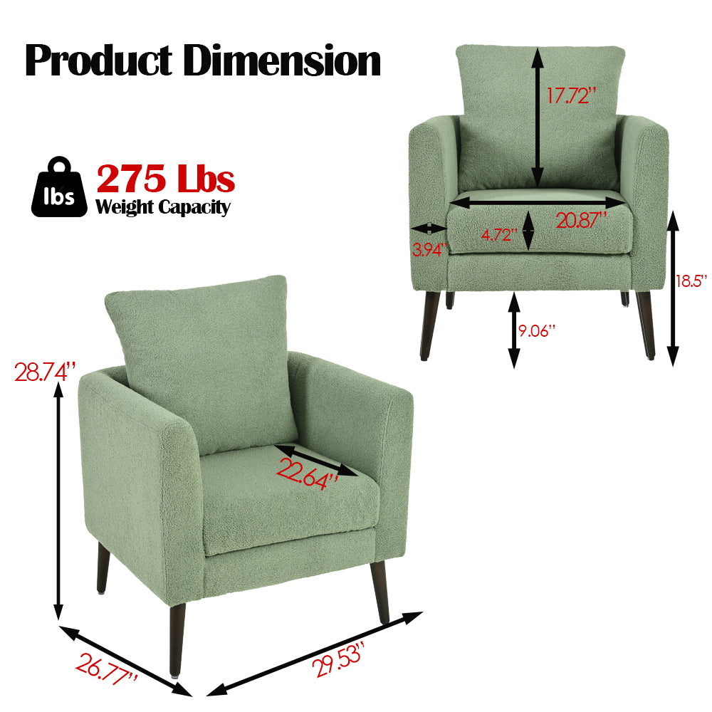 Green teddy fabric armchair with plush cushions and wooden legs modern accent chair