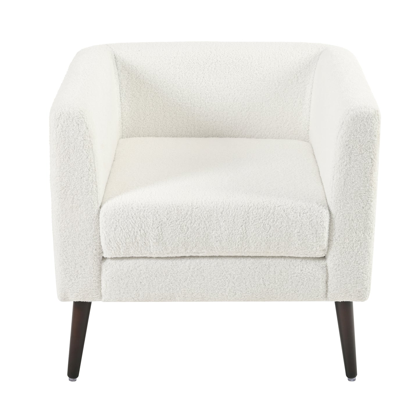 Cozy white boucle armchair with dark tapered legs perfect for a modern living room accent