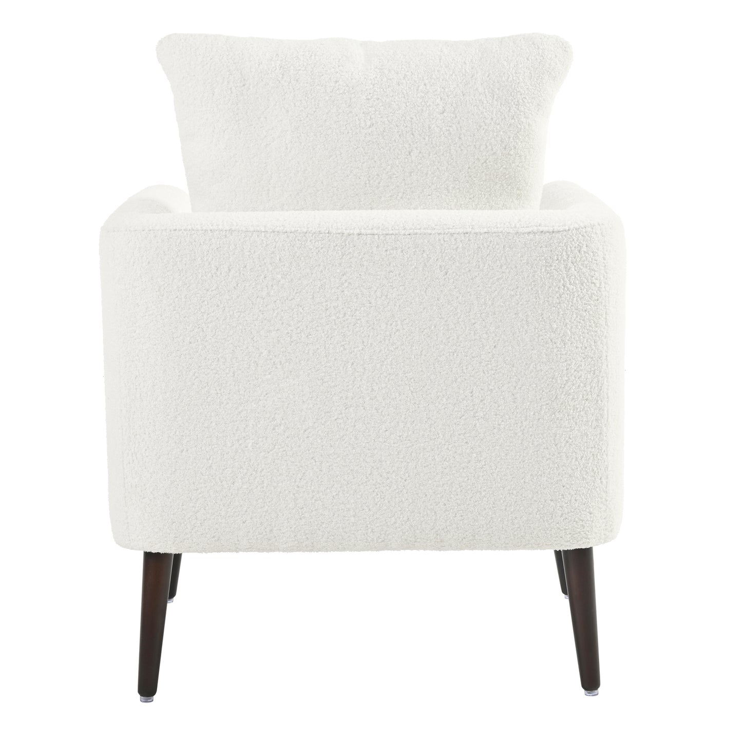 Back view of a cozy white boucle armchair with dark wood legs