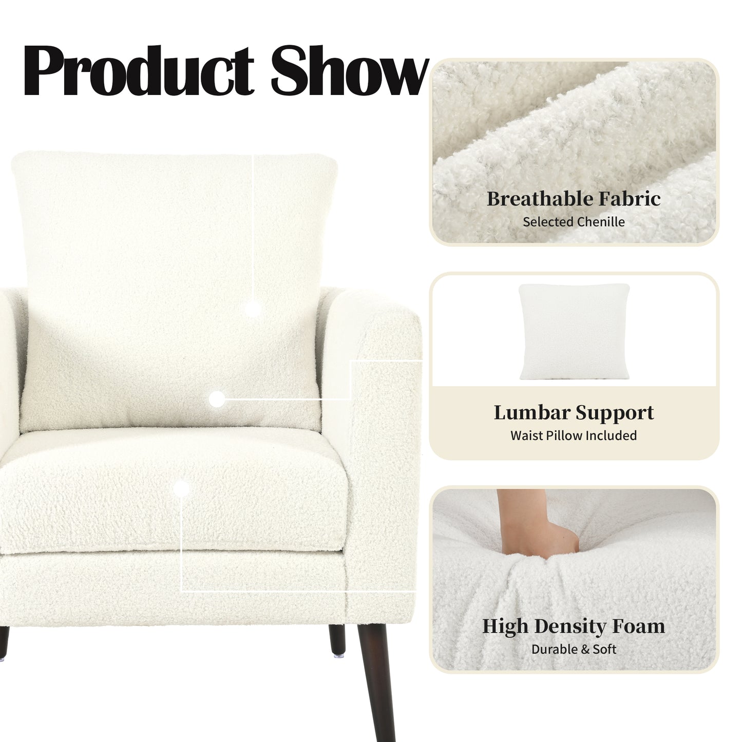Cream chenille armchair with plush textured fabric and wooden legs
