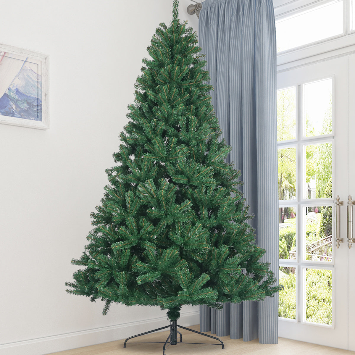Fluffy artificial Christmas tree with realistic green pine needles and sturdy metal stand