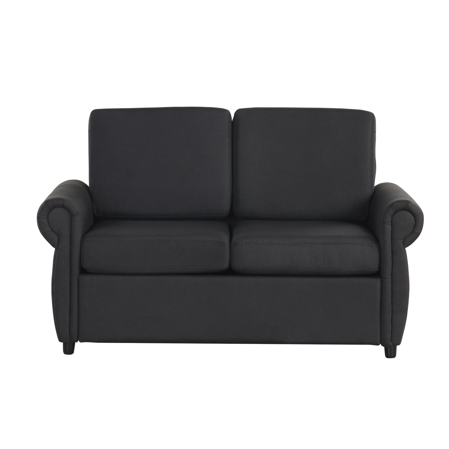 Black fabric loveseat with plush cushions and rolled arms perfect for small living spaces