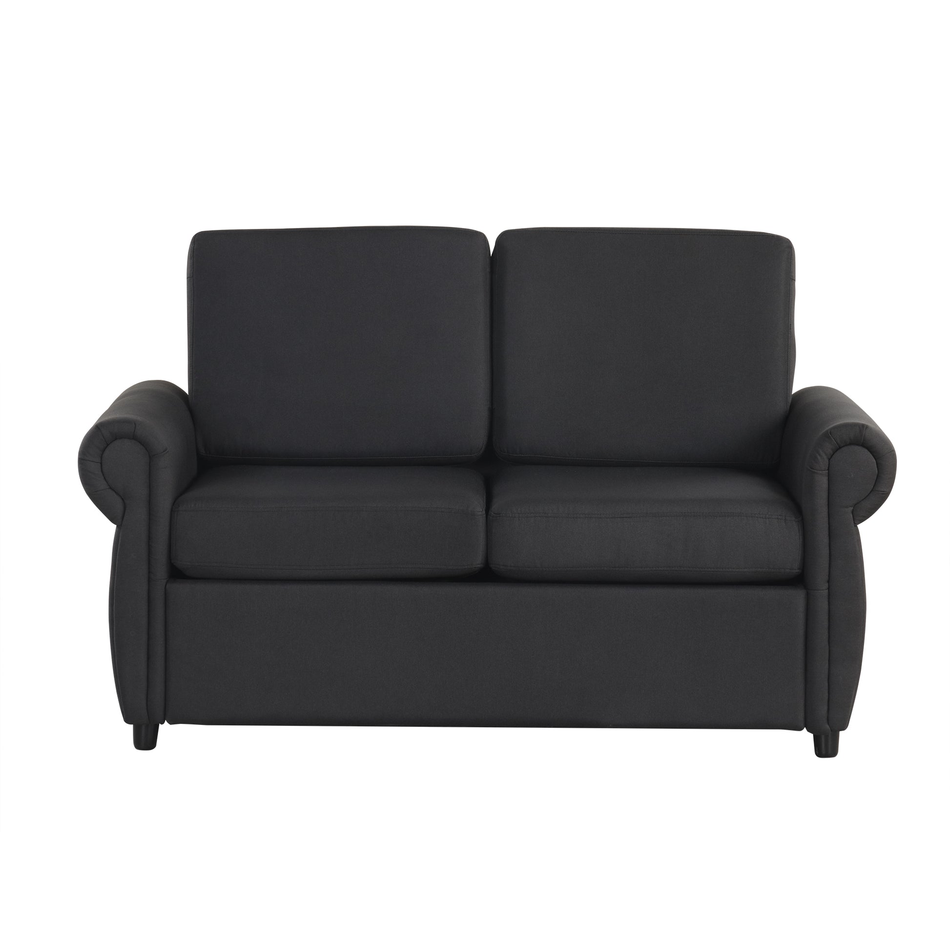 Black fabric loveseat with plush cushions and rolled arms perfect for small living spaces