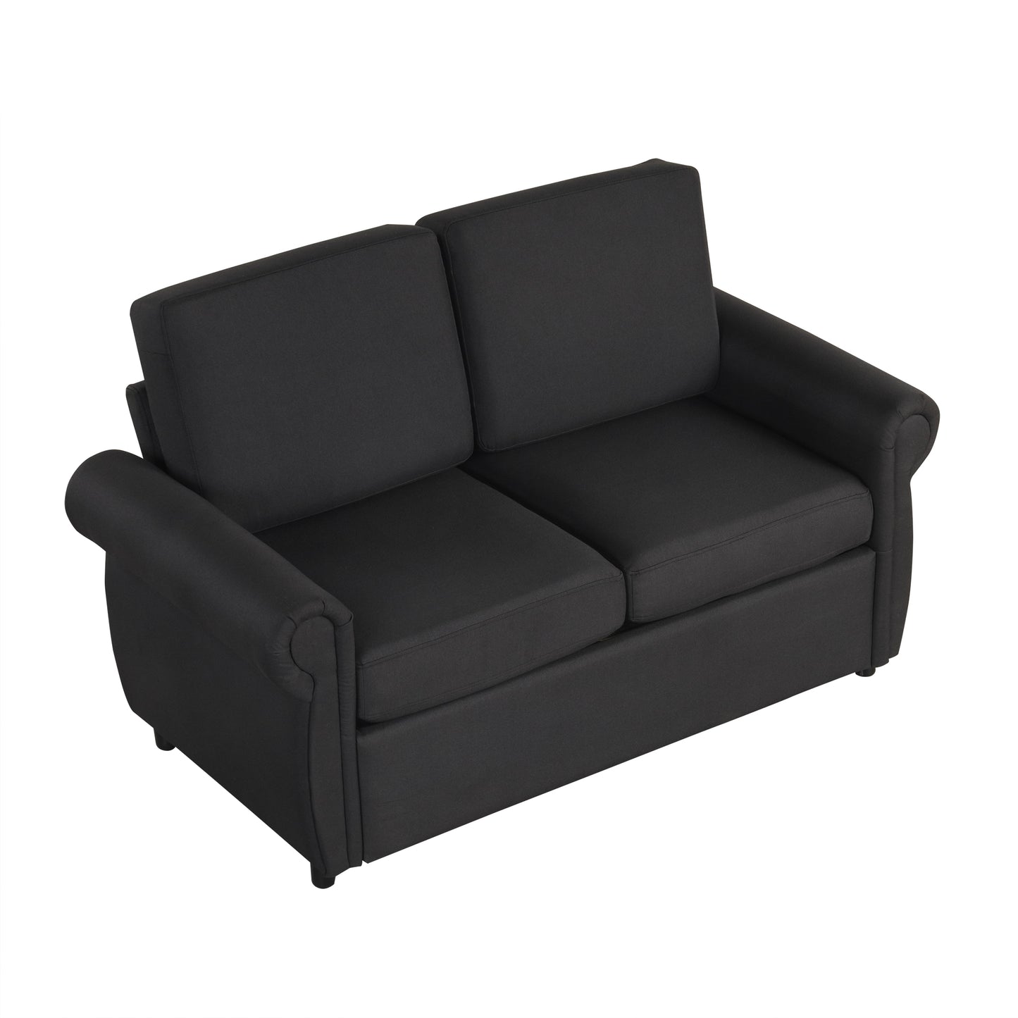 Compact charcoal grey fabric loveseat with rolled arms ideal for small spaces