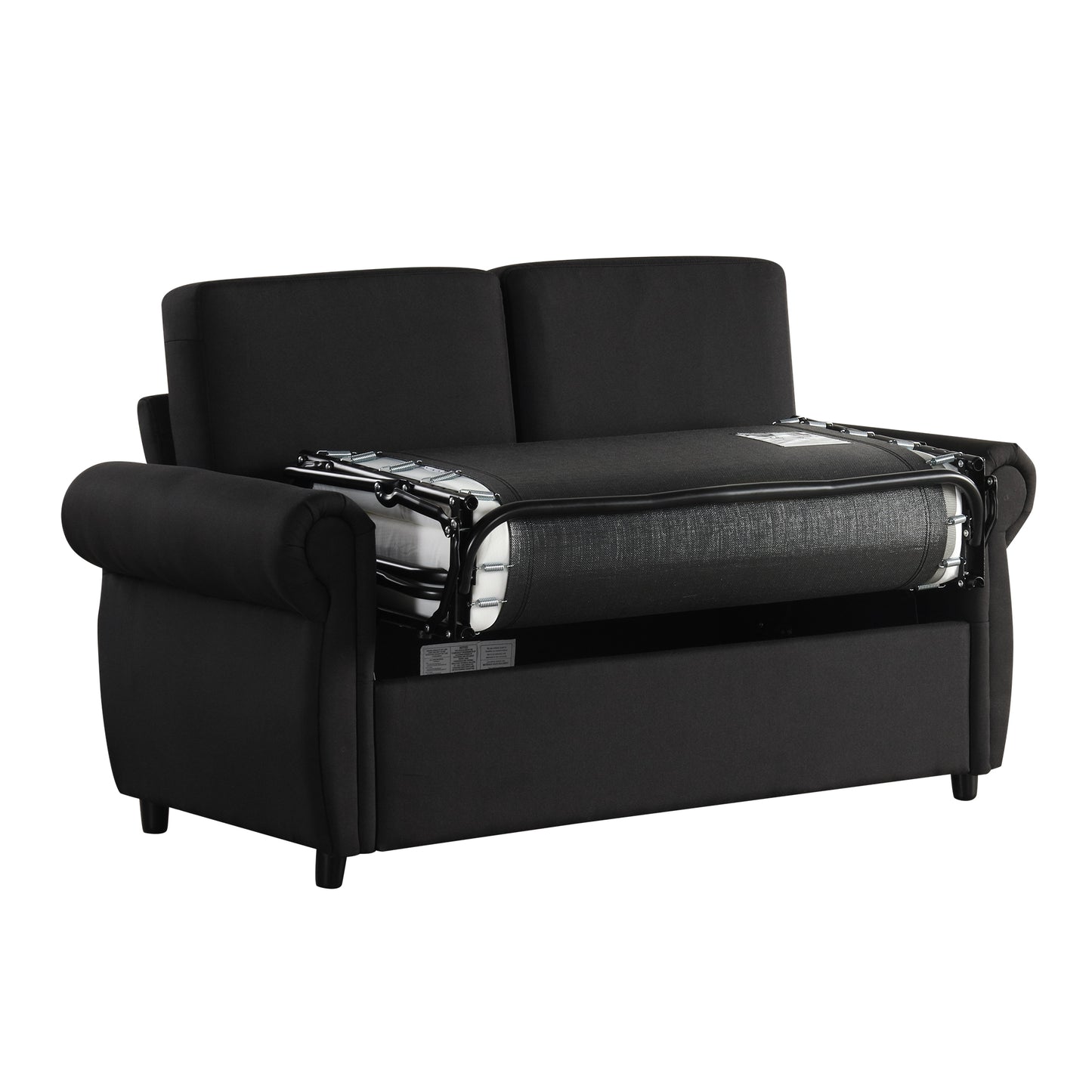 Black fabric sofa bed with pullout mattress mechanism ideal for small spaces
