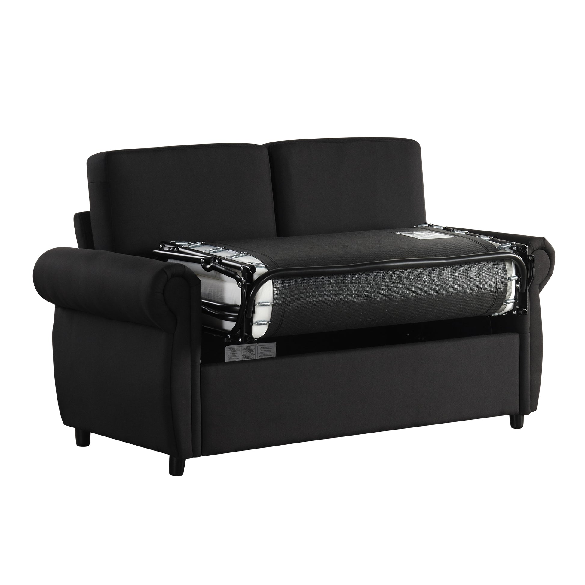 Black fabric sofa bed with pullout mattress mechanism ideal for small spaces