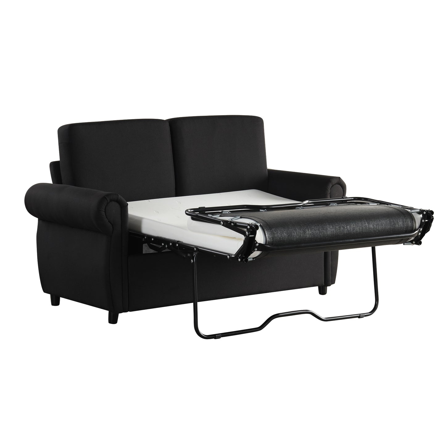 Black fabric sofa bed with pullout mattress frame extended for sleeping