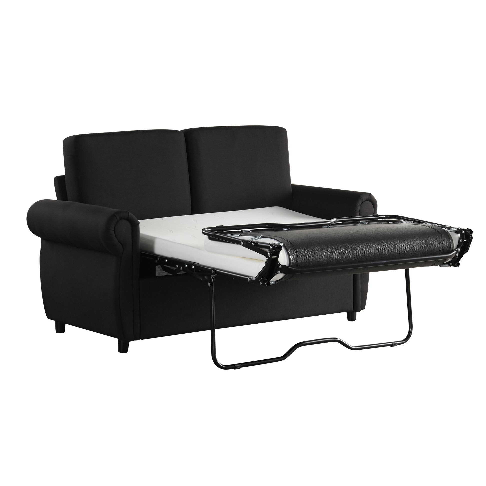 Black fabric sofa bed with pullout mattress frame extended for sleeping