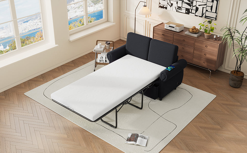 Dark gray sofa bed with white mattress extended set in a living room
